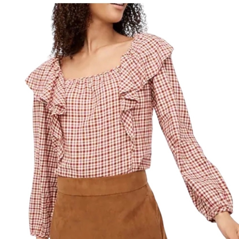 J Crew Square Neck Ruffles Plaid Blouse Top Flannel 100% Cotton Sz XS NEW